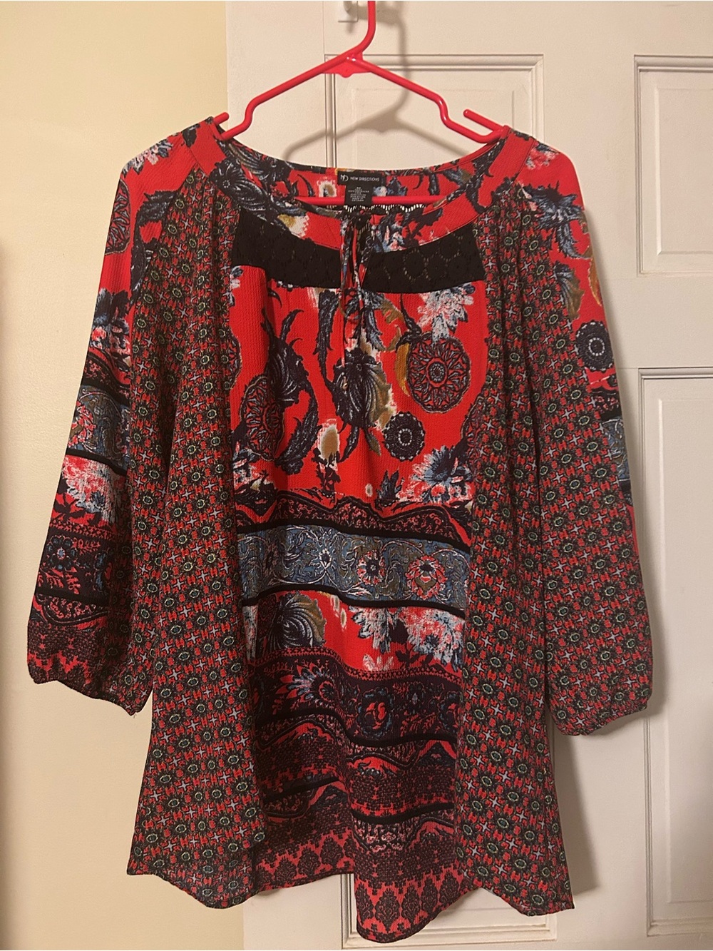 new directions Red Printed Boho Peasant Tunic